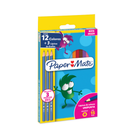 Lápiz Color Paper Mate Largo Hexagonal 12 Colores + 3 grafitos