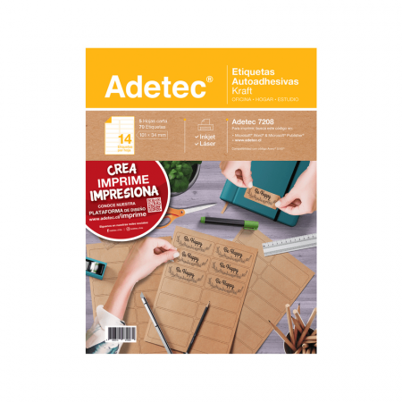 Etiqueta Autoadhesiva Adetec Acabado Kraft 14 por Hoja 101x34 mm 5 Unidades
