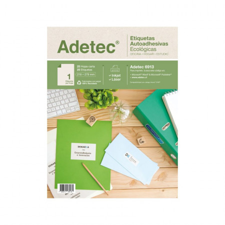 Etiqueta Adhesiva Adetec Ecológica Inkjet-Laser 216x279 mm paquete de 25 Hojas