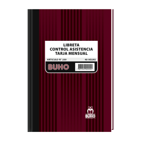 Libreta de Apuntes Buho Control de Asistencia Tarja Mensual Nro 259 40 Hojas